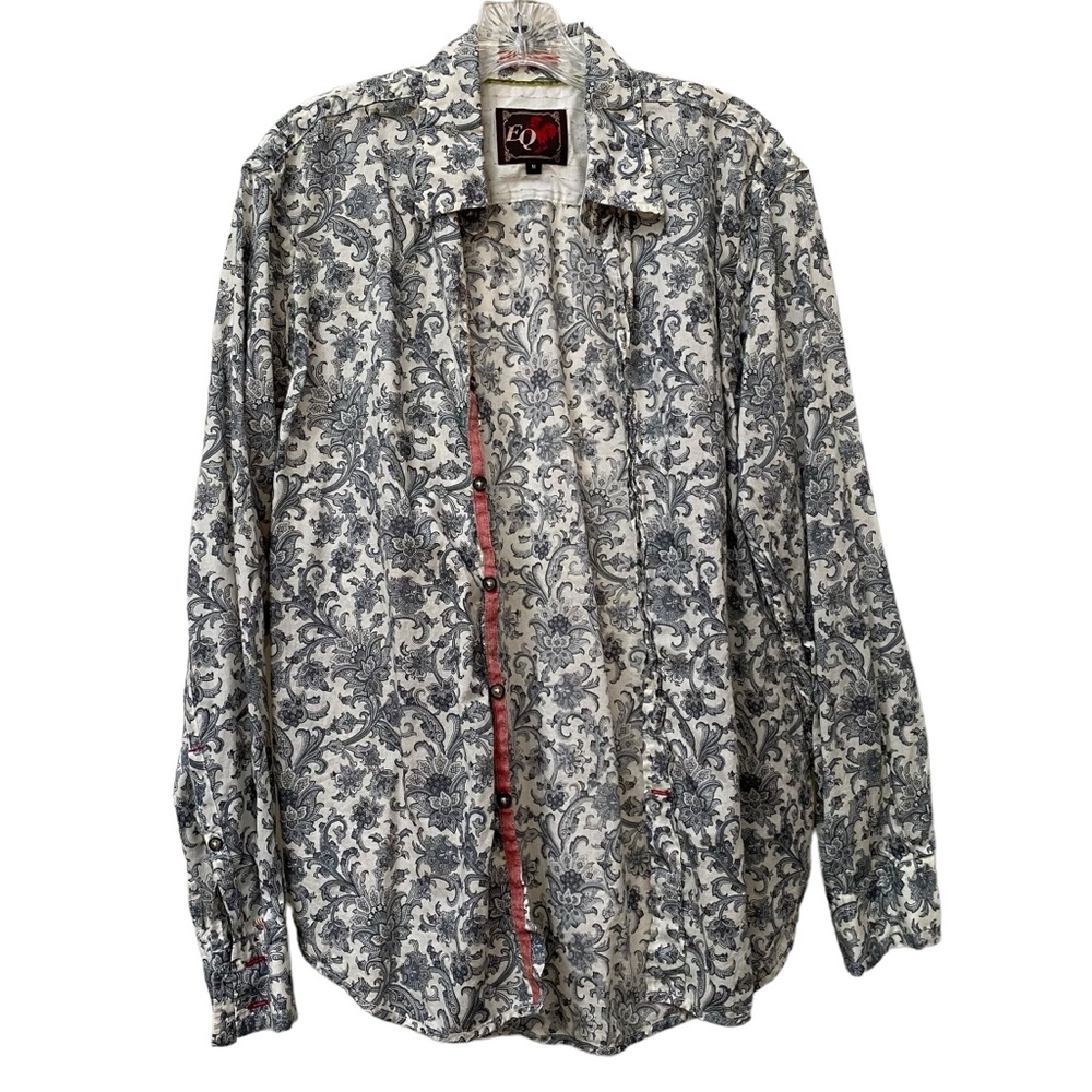 EQ Blue white Floral cotton long sleeve collared shirt  mens size M